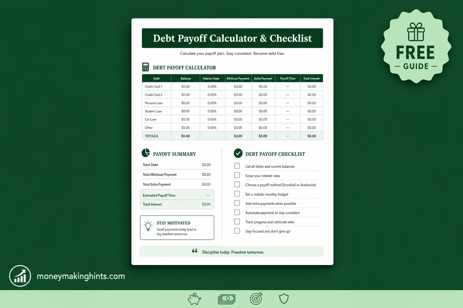 Free Debt Payoff Calculator & Checklist